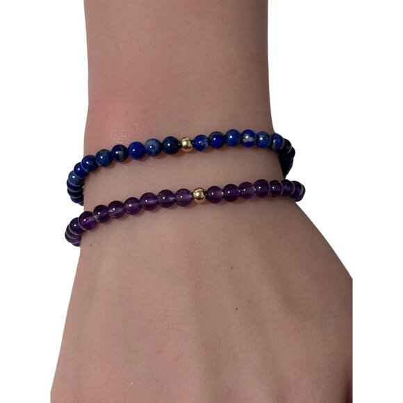 Lapis Lazuli & Amethyst Gemstone Stretch Bracelet with 14K Gold Accent Bead Hand - Picture 7 of 7